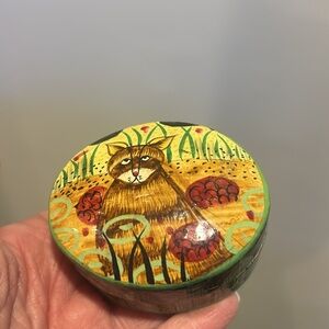 Vintage Striped Cat Family Trinket Box Laquered Paper Mache Folk Art Cat Art